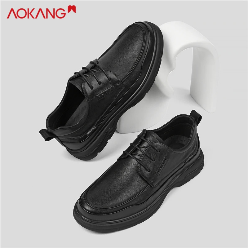 Aokang/奥康男鞋2025夏季百搭透气黑色商务上班正装厚底休闲皮鞋