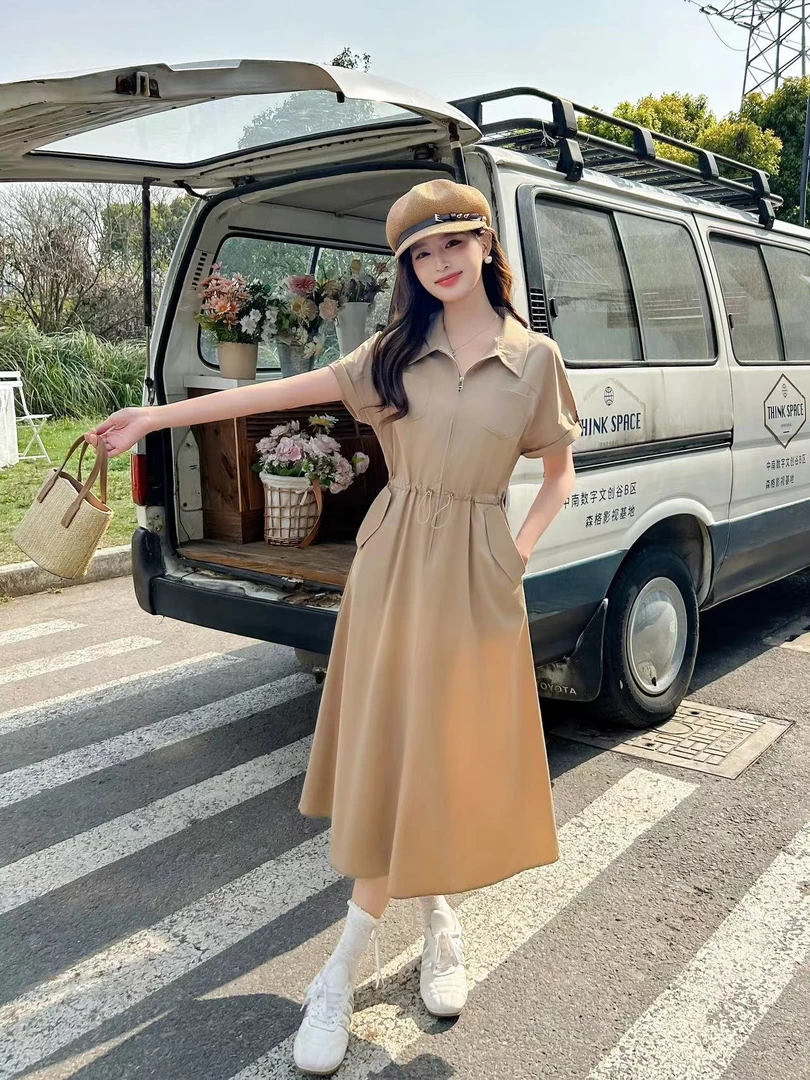 新款夏季弹力显瘦中长拉链款气质收腰设计感长裙