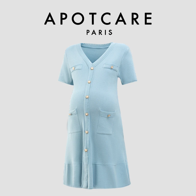 法国 APOTCARE 孕妇装夏装气质小香风中长款鱼尾裙蓝色连衣裙