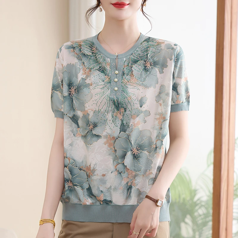 妈妈夏季时尚碎花百搭短袖小衫中老年气质新款显瘦印花T恤