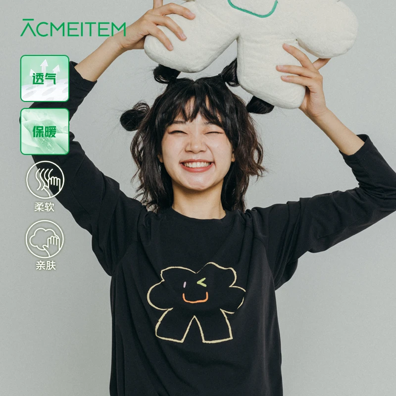 ACMEITEM爱棵米 户外亲子趣味印花长袖T恤圆领宽松磨毛打底衫男女