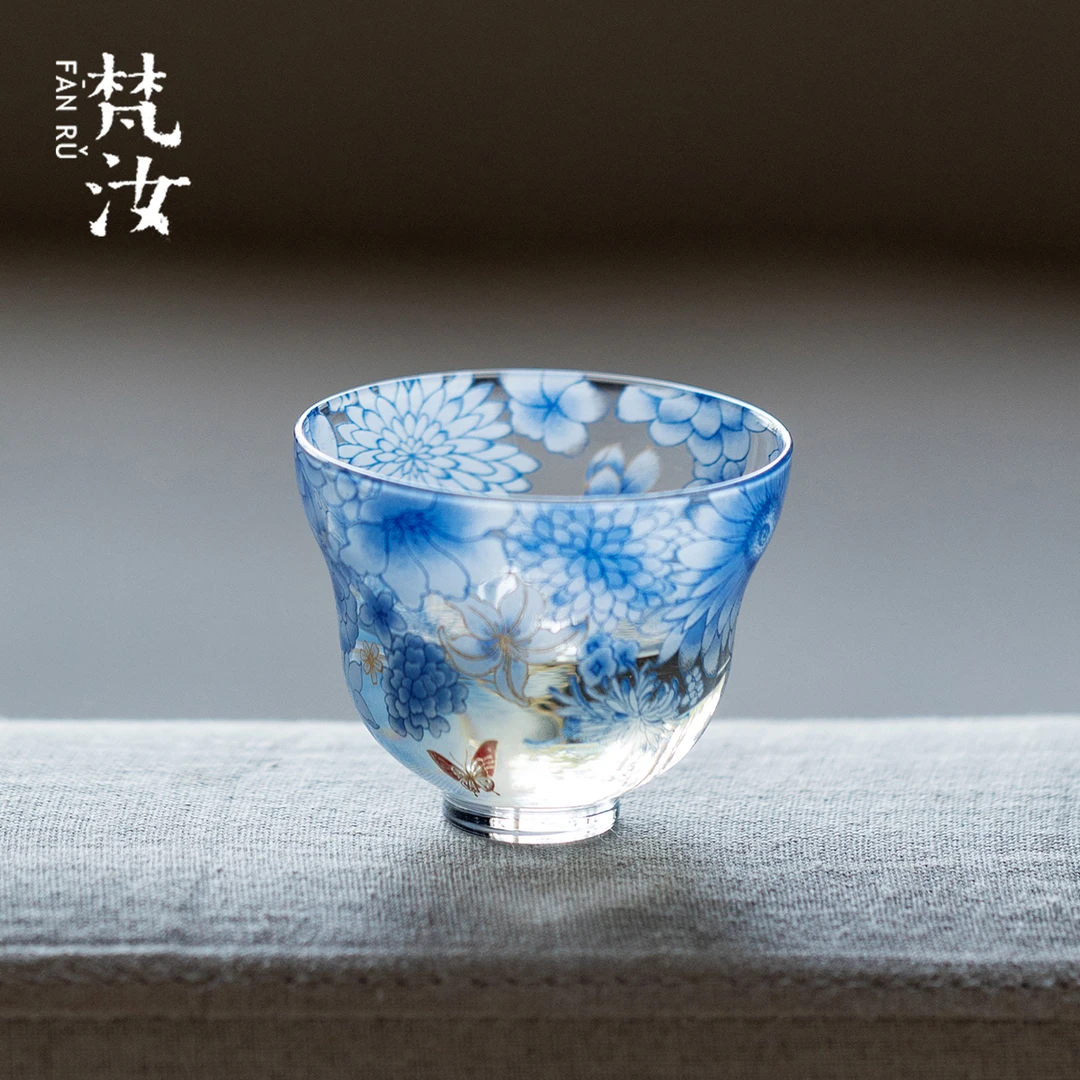 梵汝幽蓝纷蝶葫芦小茶杯精致手工玻璃主人杯家用功夫茶杯具品茗杯