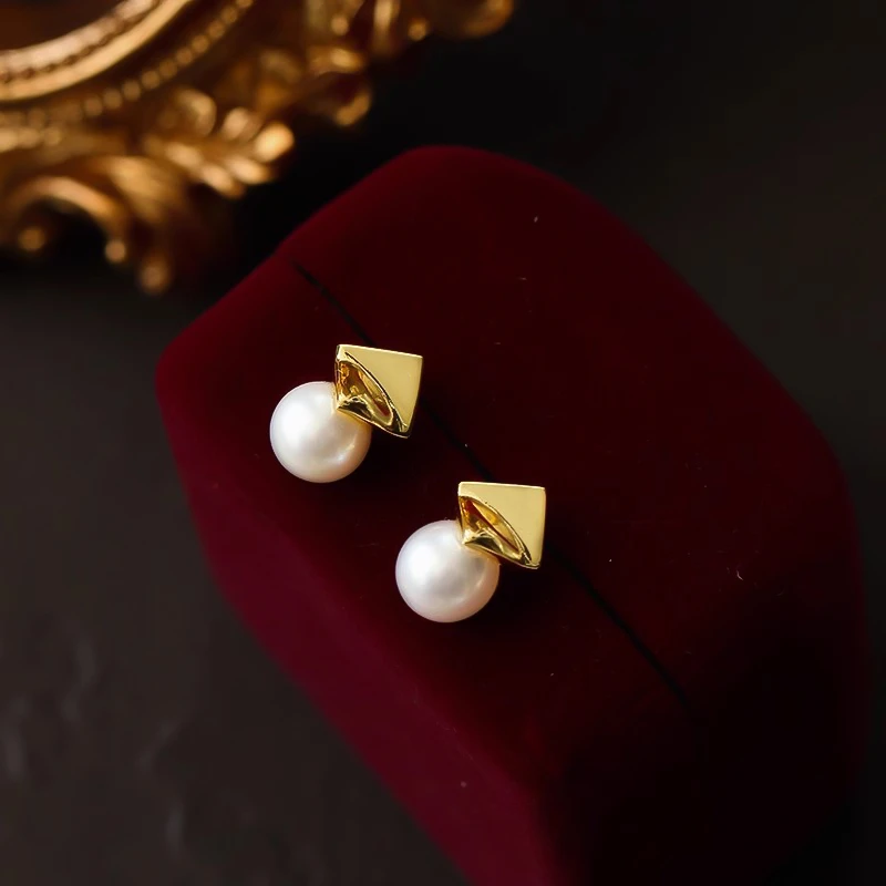 高级感925银法式轻奢精致百搭7-8mm天然淡水珍珠耳钉耳环