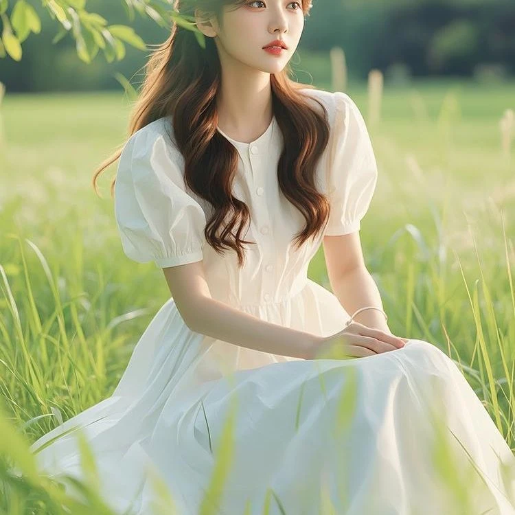 夏季女2025年新款法式收腰甜美连衣裙泡泡袖气质清新显瘦温柔长裙