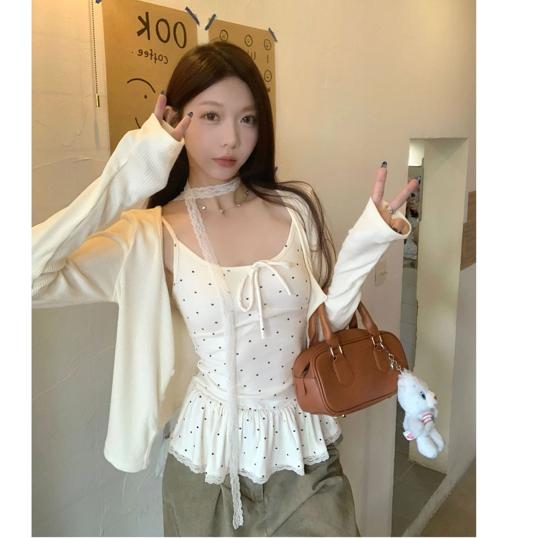 叠穿好物 纯欲风波点蕾丝吊带+开衫外套气质两件套装女 Z 9387#