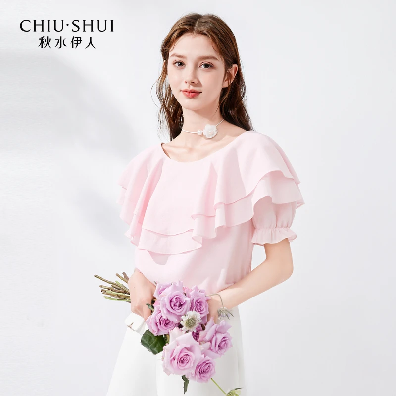 【林一专属】秋水伊人荷叶边短袖衬衫层叠圆领甜美624203D060536
