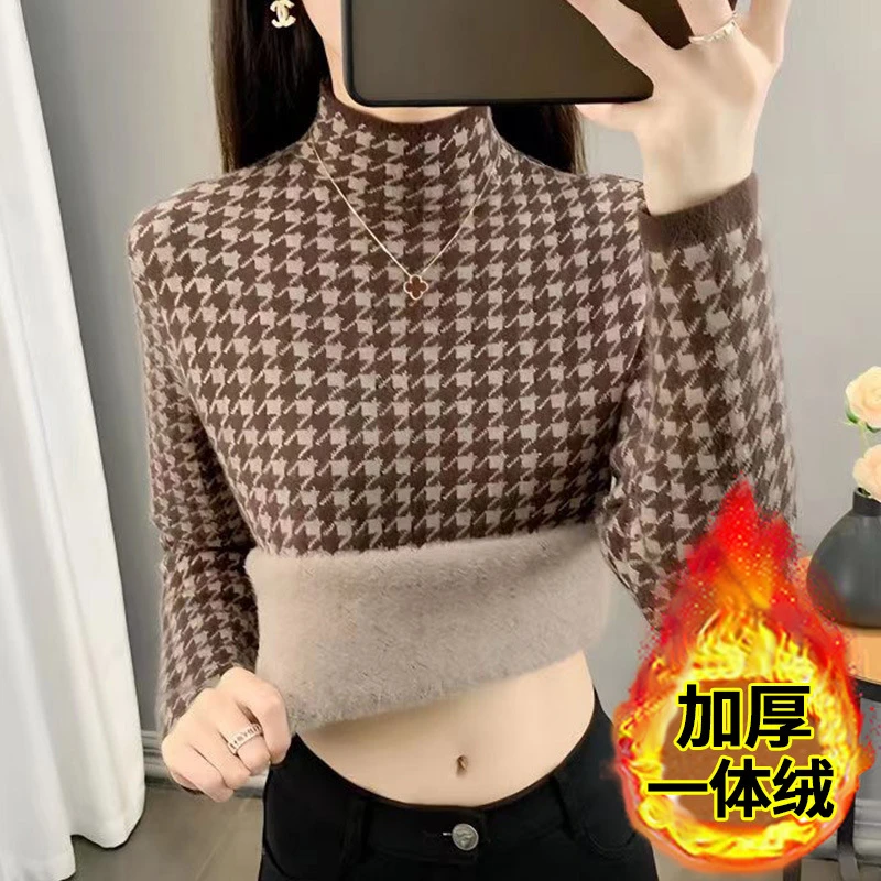 【绵羊绒】羊绒女衫半高领加绒加厚毛衣保暖一体绒内搭羊毛打底衫冬