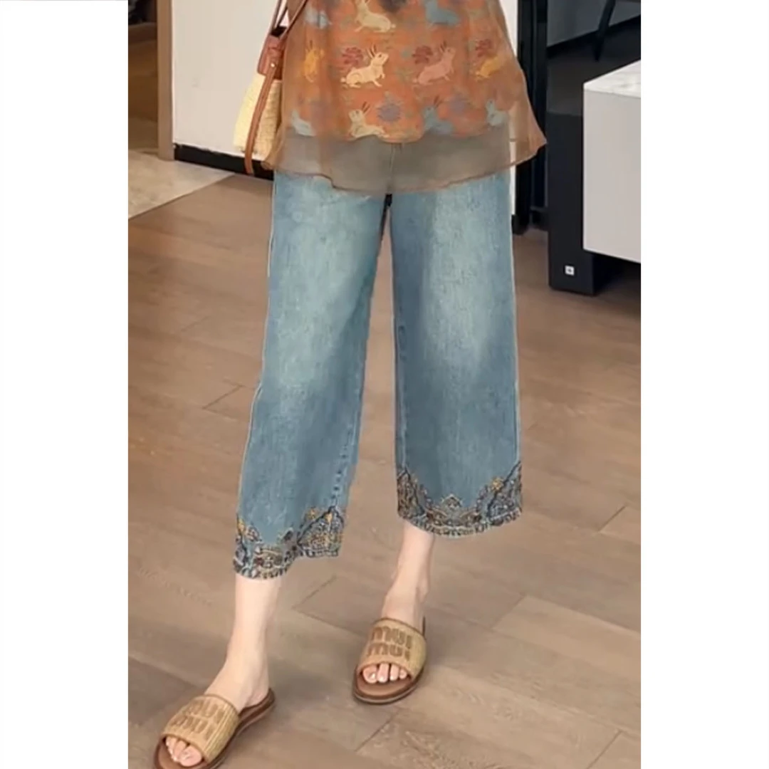 显瘦九分裤刺绣印花阔腿裤女冬季新款牛仔裤子梨形身材直筒裤时尚