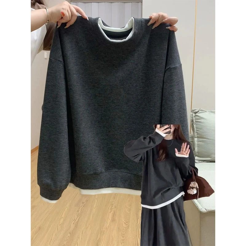 大码200斤气质减龄小众拼色圆领假两件卫衣长袖t恤女设计感上衣潮