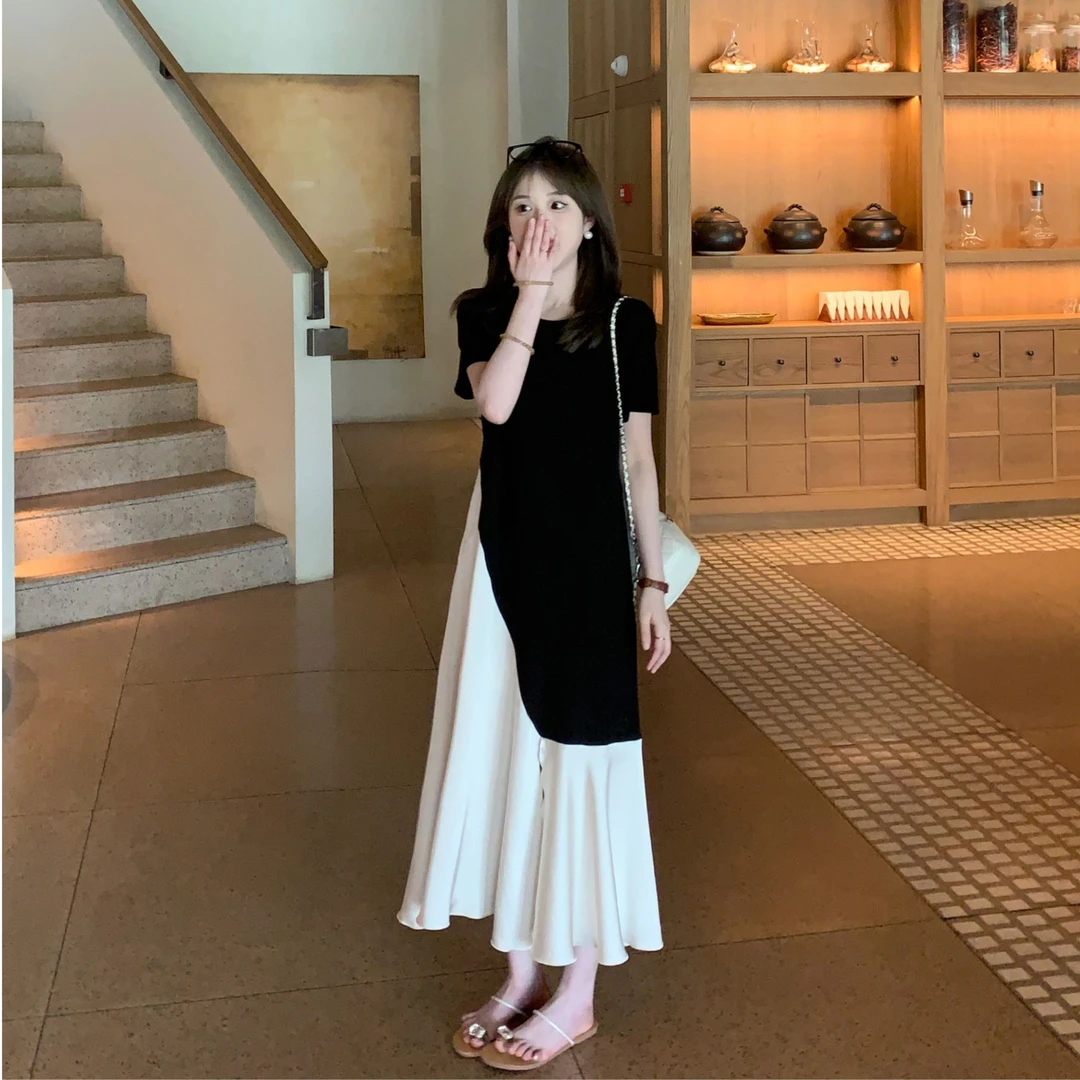 FUGUI RICH小个子短袖连衣裙女拼接撞色夏季法式中长裙26251L8743