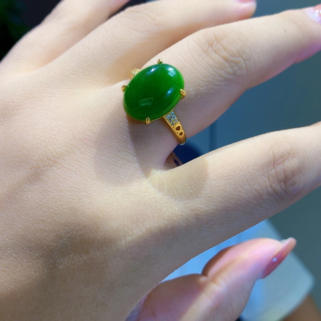和田玉（碧玉）戒指银S925镀金镶嵌