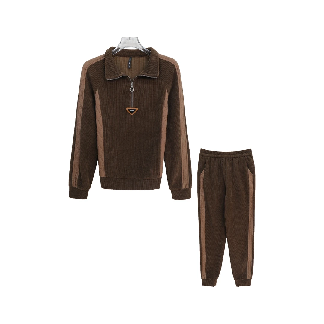 拼接条纹宽松休闲半拉链上衣长裤套装S3154