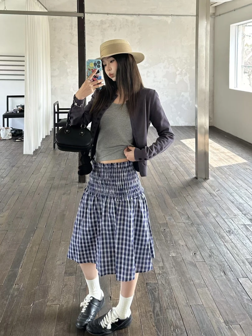 D YANGJUN 半身裙女2025新款夏季蓝白格纹松紧腰中长款高腰半身裙