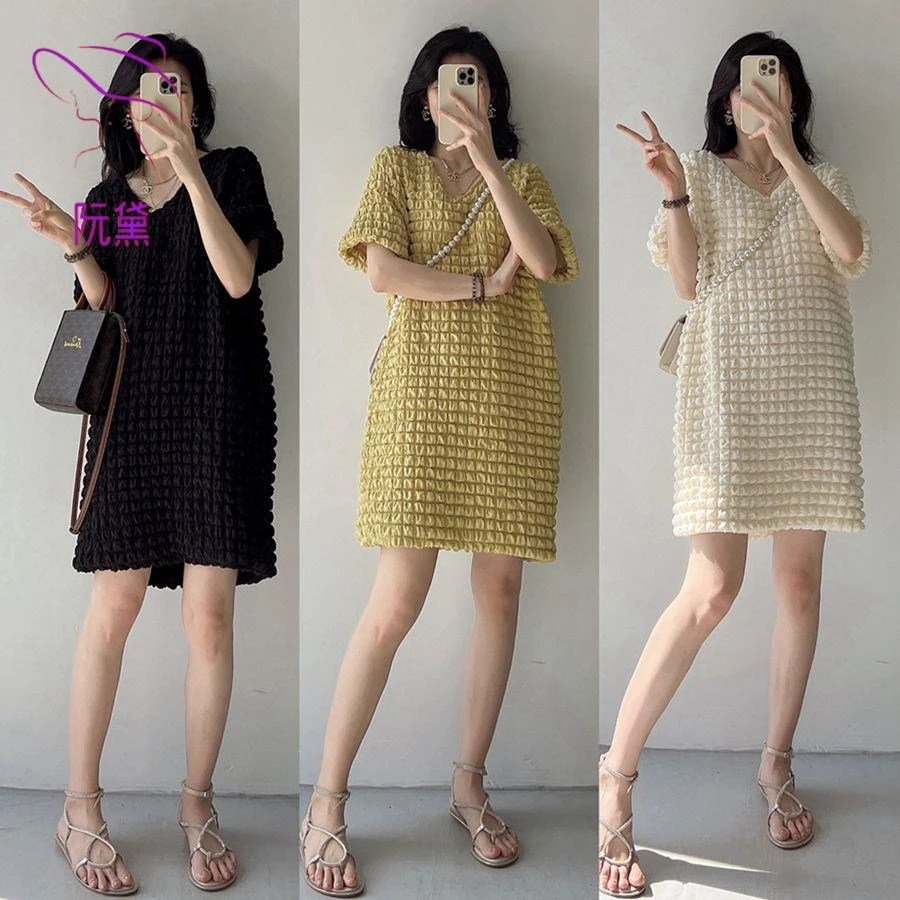 阮黛大码欧货V领短袖连衣裙女士夏季纯色泡泡华夫格宽松休闲T恤裙