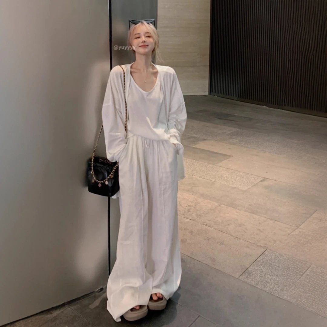 老钱风新款白色套装女慵懒松弛感宽松防晒开衫背心长裤三件套女款