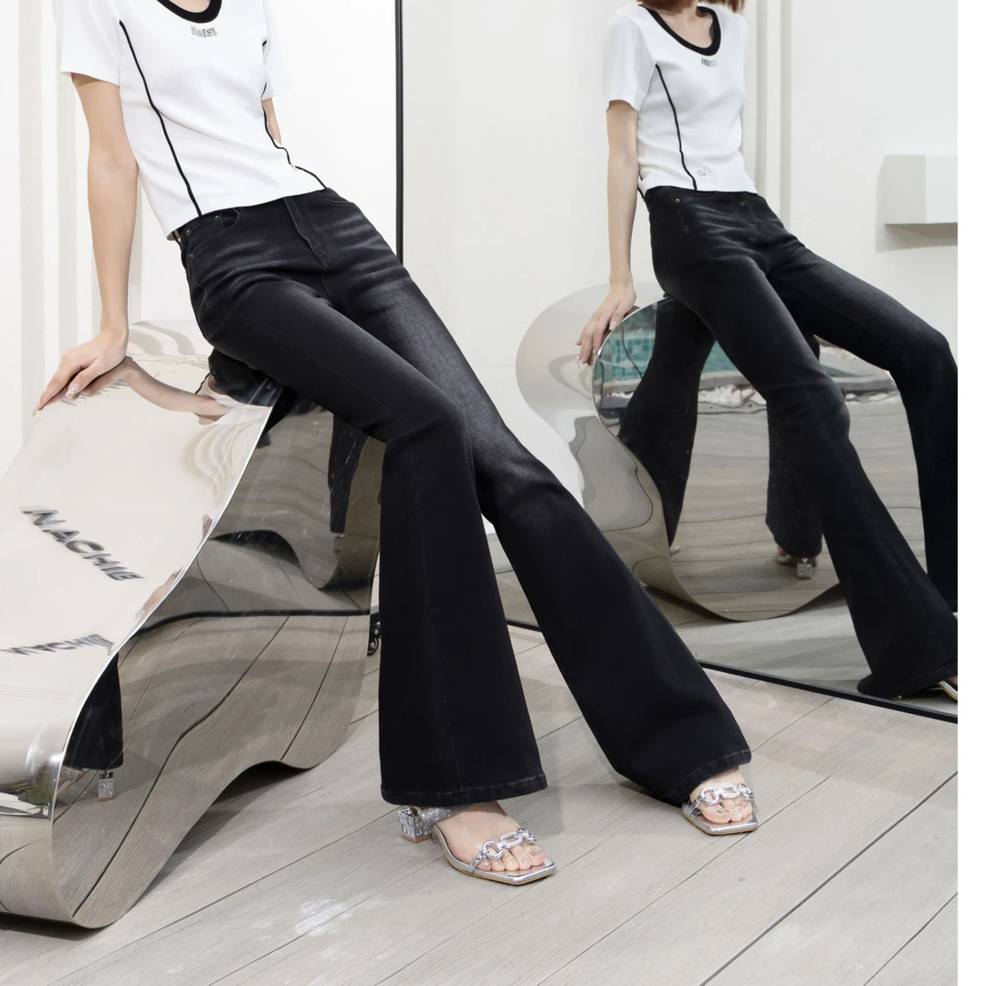 BAISI/百丝牛仔裤ABSC503329A0黑色显瘦时尚微喇叭