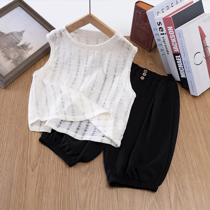 男童夏季韩版新款套装女宝无袖背心纯色阔腿裤女童洋气外穿七分裤
