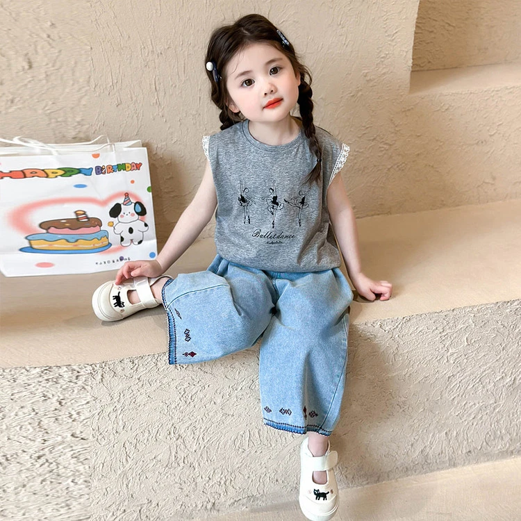 女童背心阔腿裤两件套2025夏季新款儿童洋气夏季无袖牛仔裤套装潮