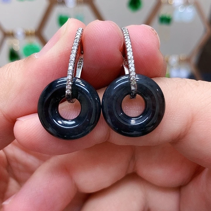 银S925镶嵌翡翠耳饰天然翡翠耳饰