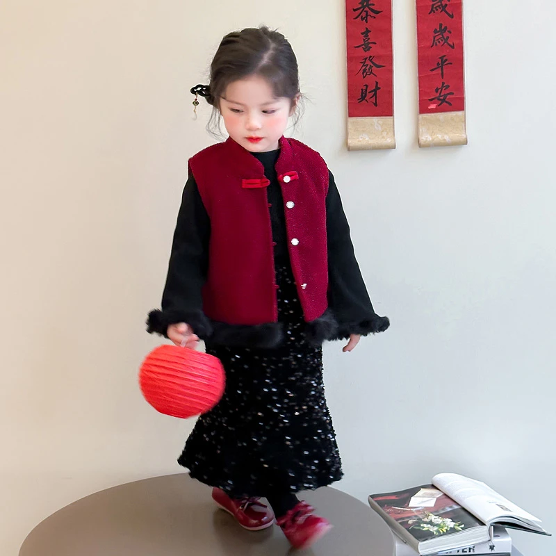 女童新中式套装秋冬季2025新款儿童国风马甲保暖冬装拜年服三件套