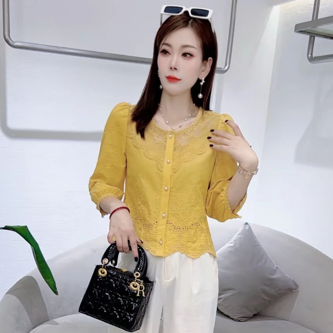 法式蕾丝拼接衬衫女2025秋季新款时尚设计感花边百搭衬衣中袖上衣