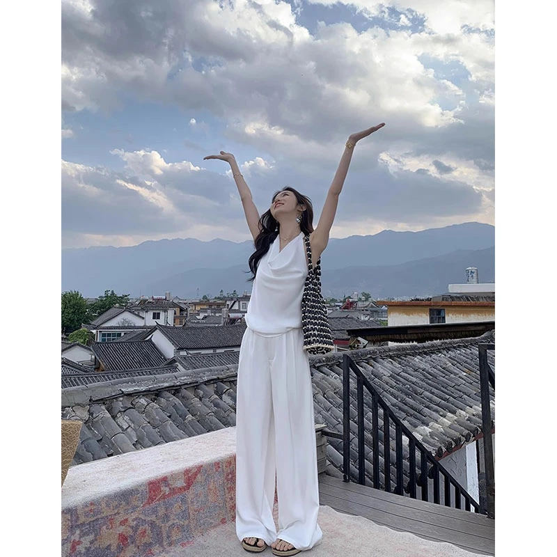 夏季韩版简约休闲套装女辣妹挂脖荡领背心高腰阔腿休闲裤两件套潮