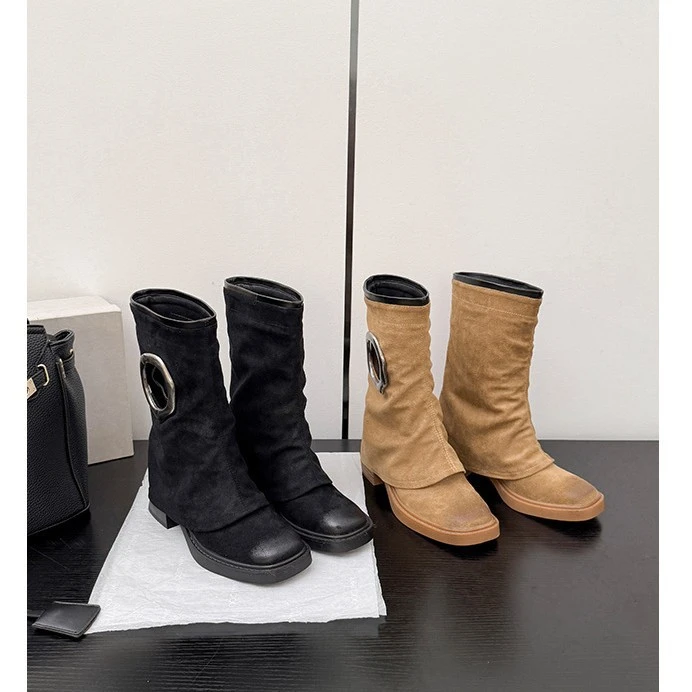 孟子义同款方头绒面厚底粗跟堆堆短靴2025新款小个子裤管靴女