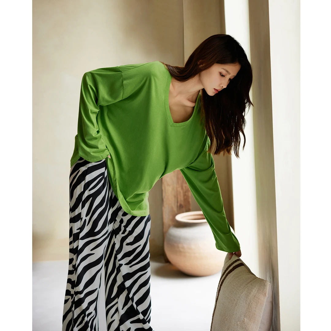 美腾莫代尔棉睡衣女春秋季长袖纯色圆领抗菌家居服长裤斑马纹套装