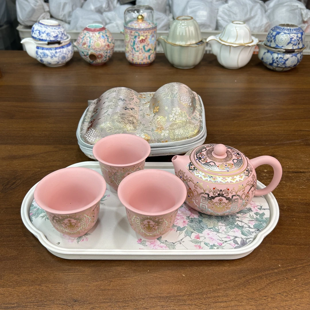 zh3486-粉泥紫砂吉祥如意西施壶一壶三杯带茶盘