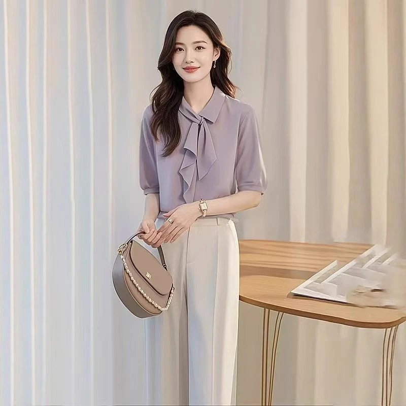 气质时尚夏季显瘦洋气阔腿高腰垂感宽松轻熟风设计感衬衫套装初秋
