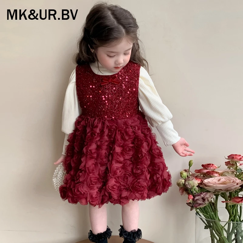 MK&UR.BV女童秋款公主裙2025年新款洋气儿童生日礼服红色连衣裙