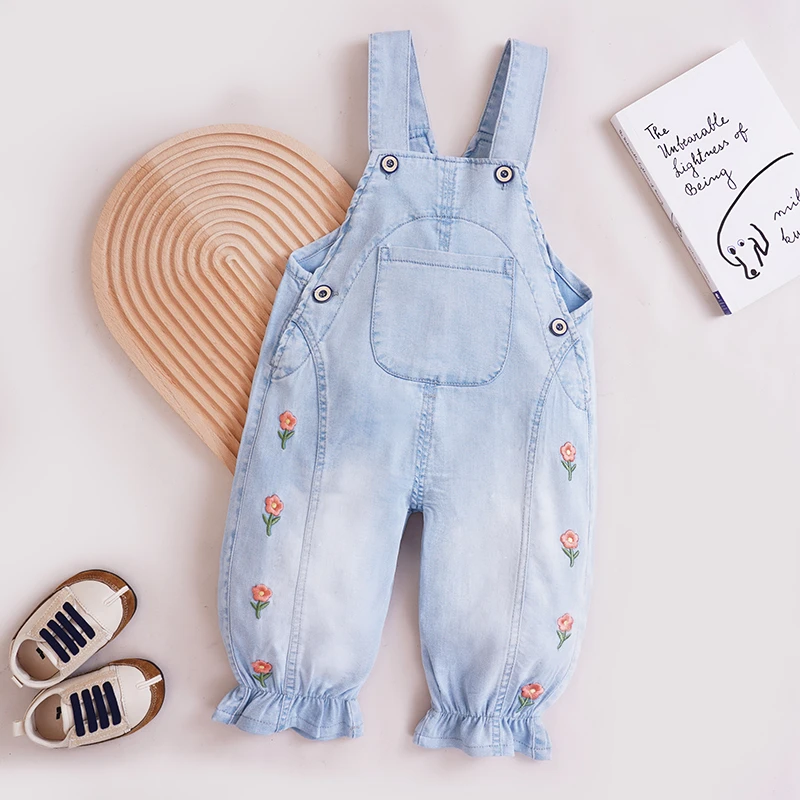 天丝牛仔裤儿童透气背带裤可拆裆夏季薄款刺绣小花女童休闲外出服
