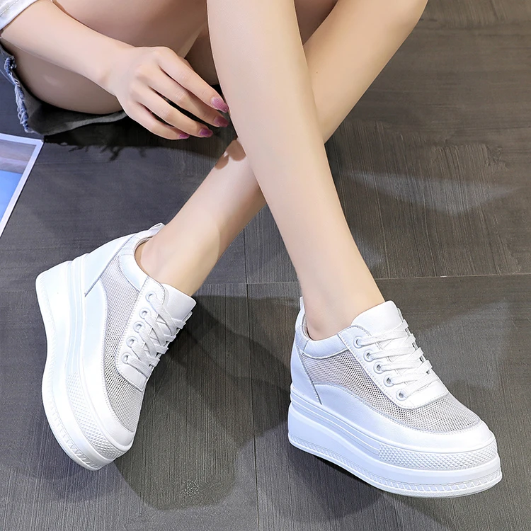 网面夏季内增高小白鞋女9CM透气休闲鞋好看配裙子坡跟网鞋小个子