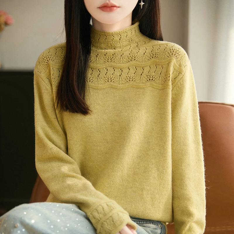 鄂尔斯市纯100羊毛衫上衣秋冬新款镂空钩花半高领毛衣羊绒打底衫
