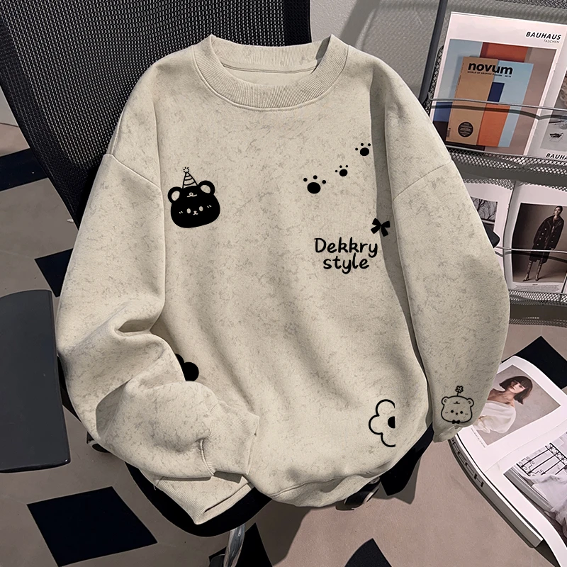 Dekkry趣味可爱小熊印花秋冬蜡染圆领卫衣男女oversize情侣装上衣