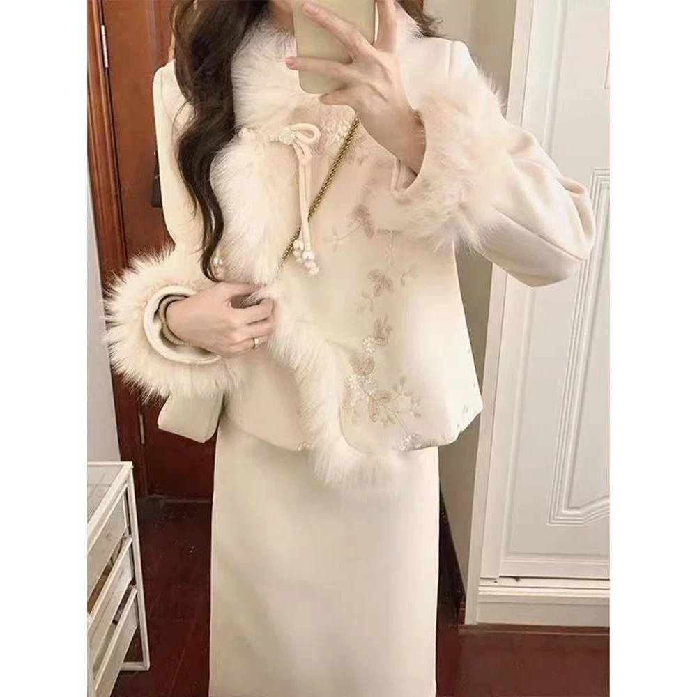 新中式女装国风套装秋冬毛呢外套加厚刺绣设计感半身裙两件套
