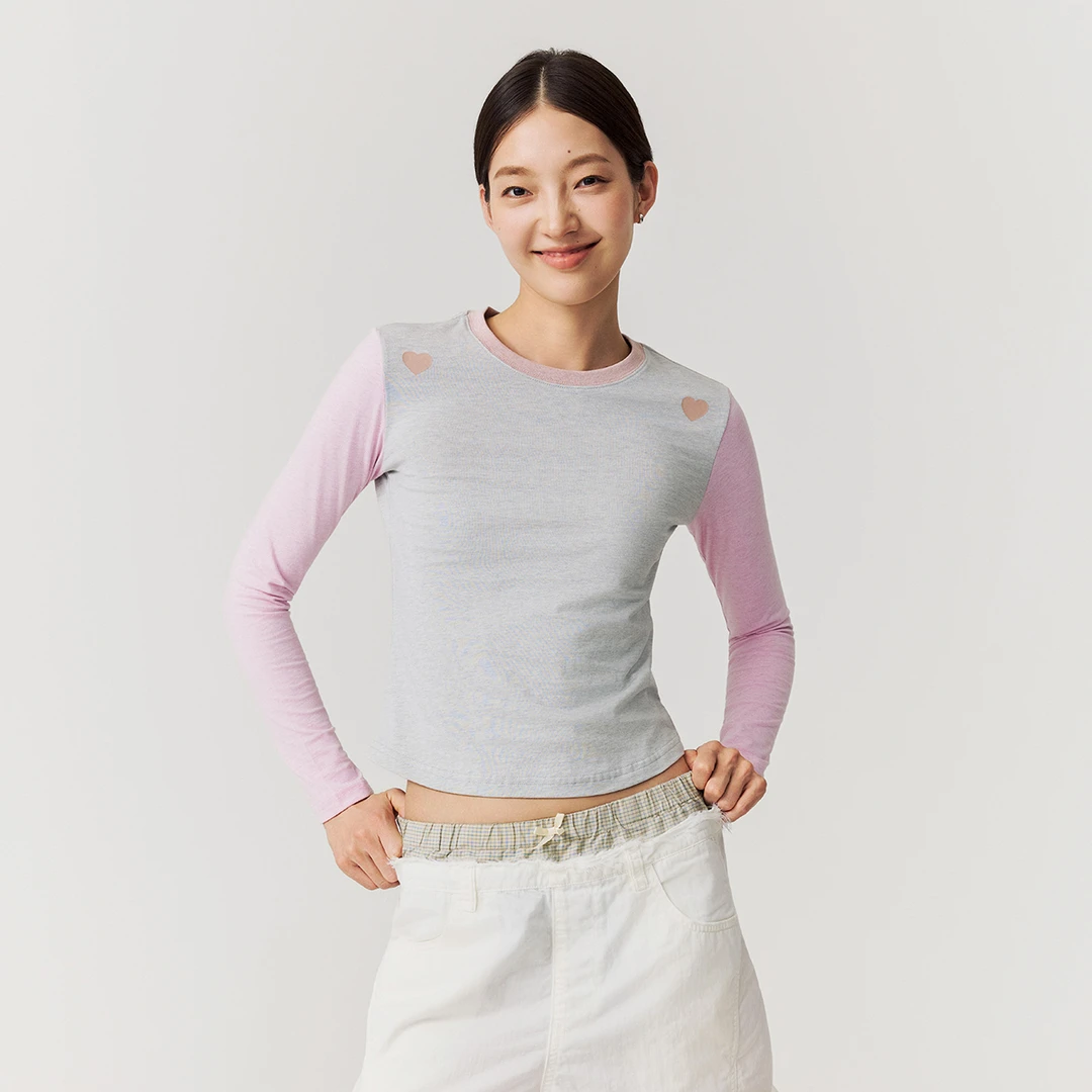 NORYBRAND 正肩设计肩膀爱心印花索罗娜长袖 彩纱织造面料上衣T恤