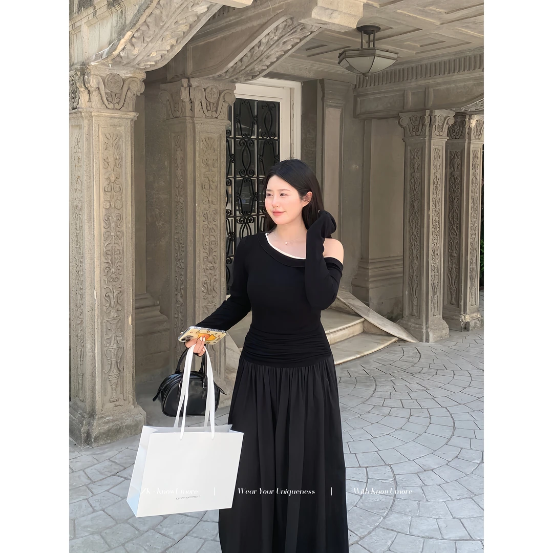 知葵微胖定制【巴黎邂逅】初秋气质修身斜肩黑色连衣裙12253L5776