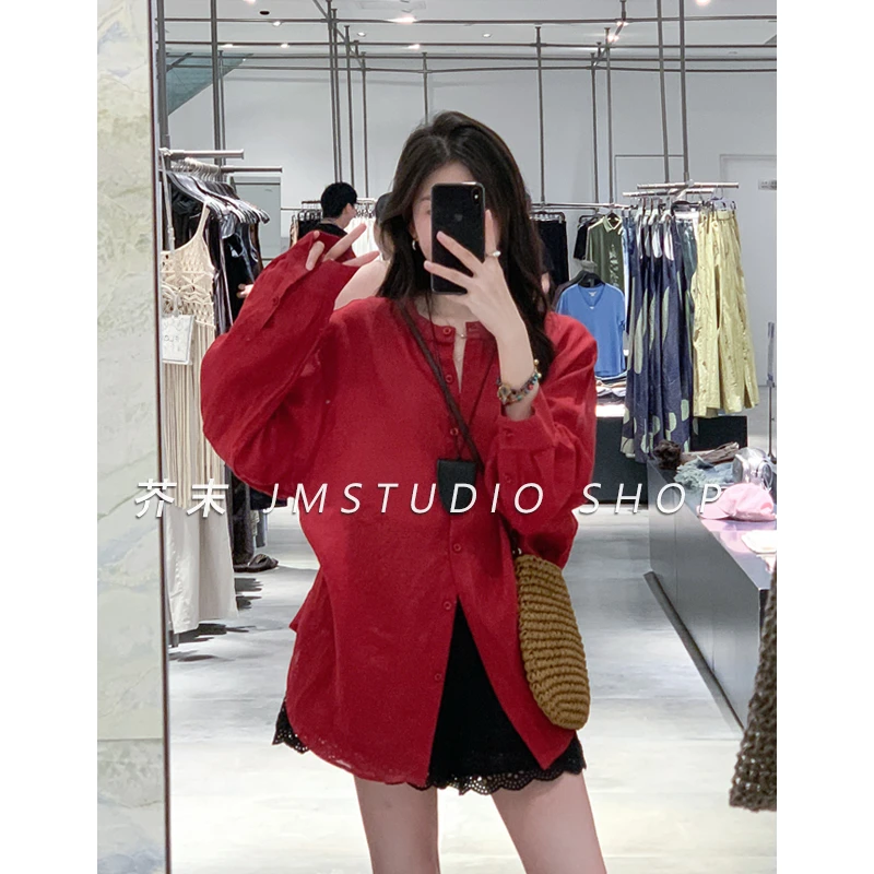 【芥末家】圆领净版防晒衬衫女 春夏新款时尚气质纯色衬衣