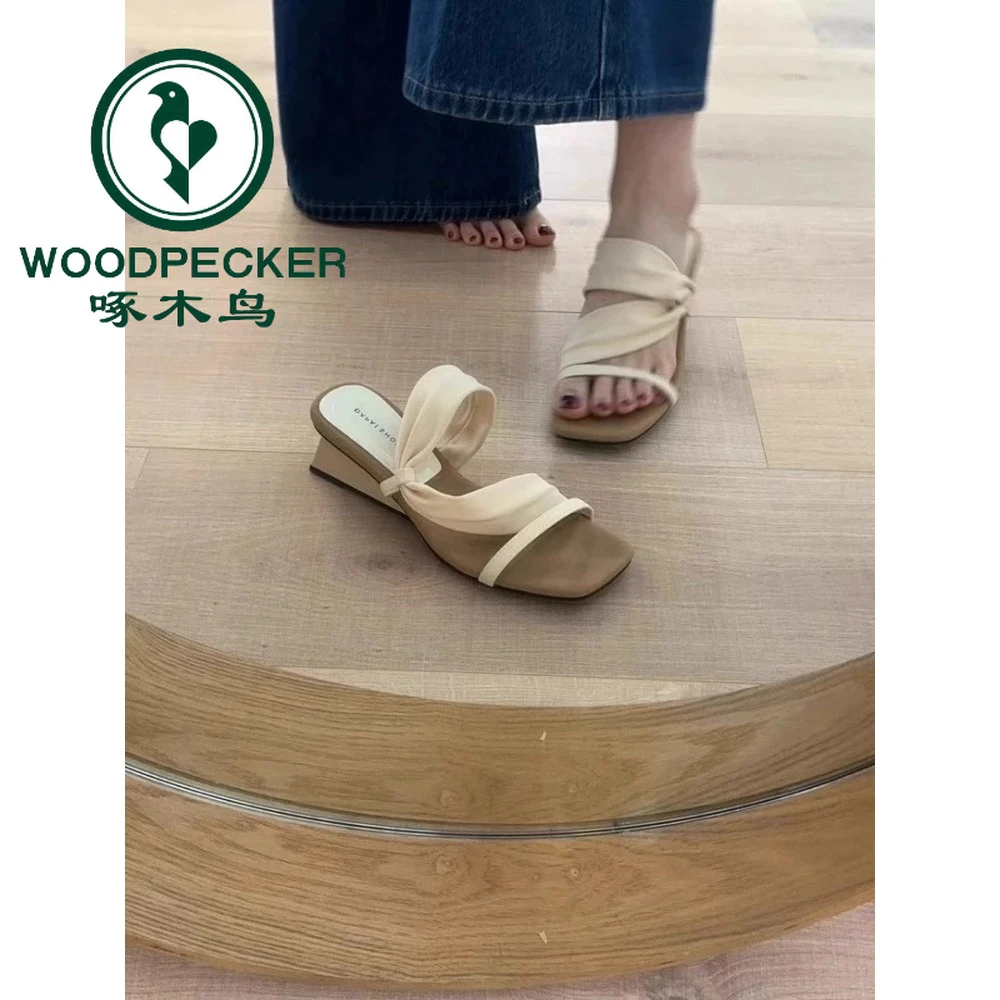 啄木鸟一鞋两穿法式小众交叉带露趾凉鞋女方头一字拖鞋坡跟罗马鞋