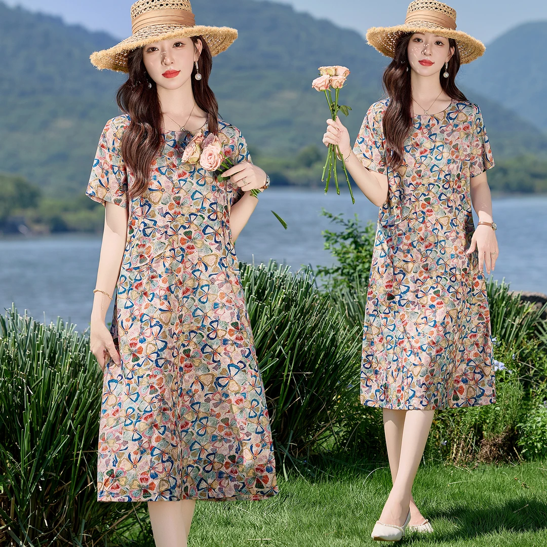 夏季印花休闲风连衣裙2025新款复古中长款碎花显瘦气质时尚遮肚