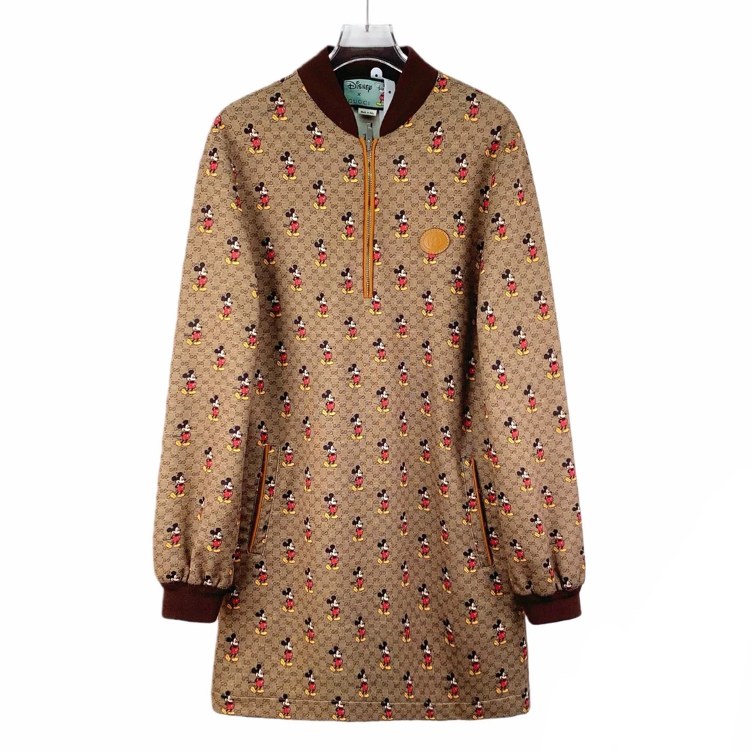 未使用 GUCCI/古驰 深棕色米老鼠logo老花满印连衣裙/M码/J34466