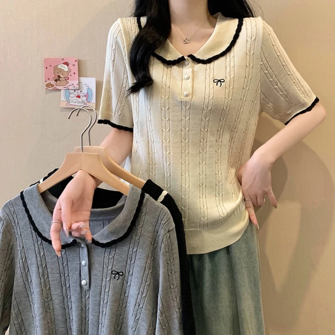 大码胖妹妹撞色娃娃领冰丝短袖T恤女夏季宽松针织上衣显瘦遮肉