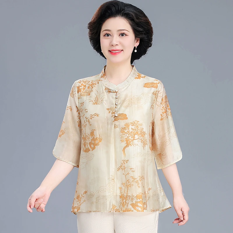 中年妈妈夏装2025新款新中式国风衬衫上衣裤子套装夏季小衫两件套