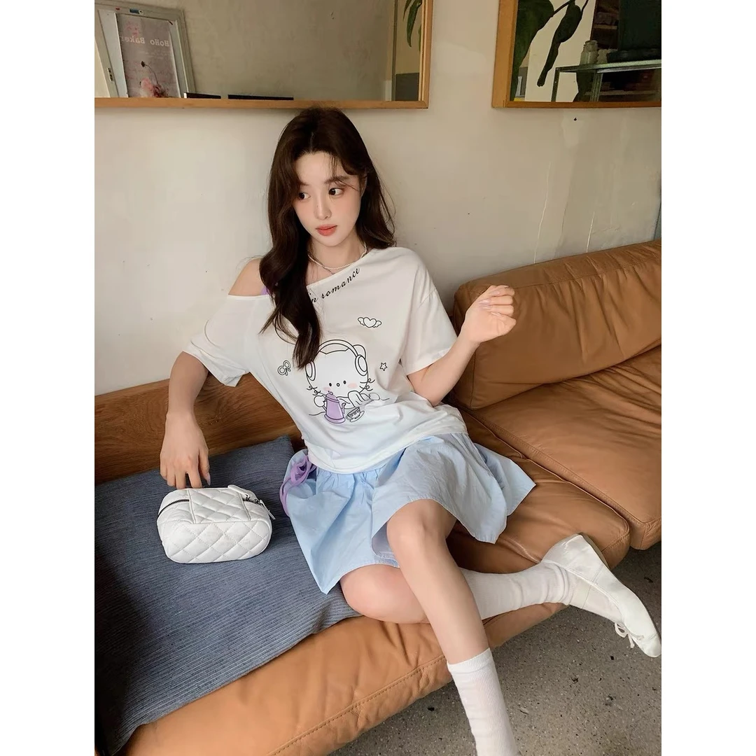 【小巧定制】XQ2509夏季新款甜美显瘦印花斜肩上衣