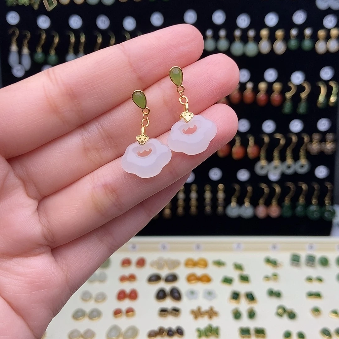 和田玉银S925镶嵌耳饰