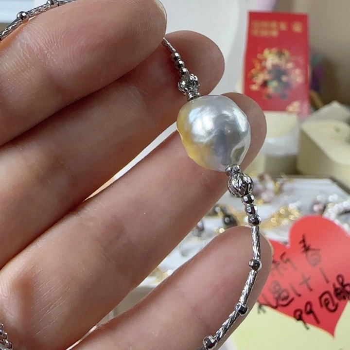 海水珍珠澳白撒金巴洛克有纹卡14左右银S925镶S****e
