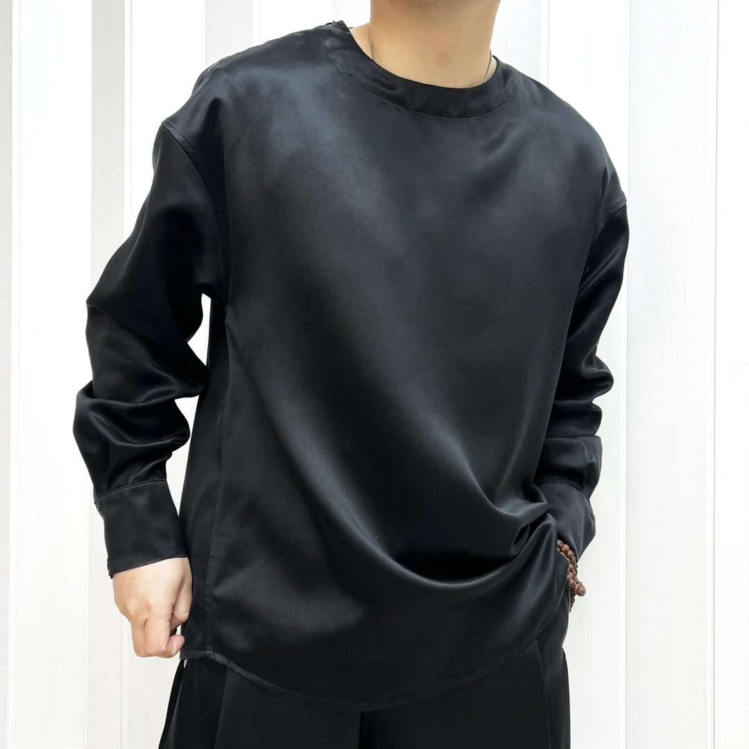 皮子王香云纱桑蚕丝休闲纯色上衣圆领衬衫黑色长袖通用T恤2502