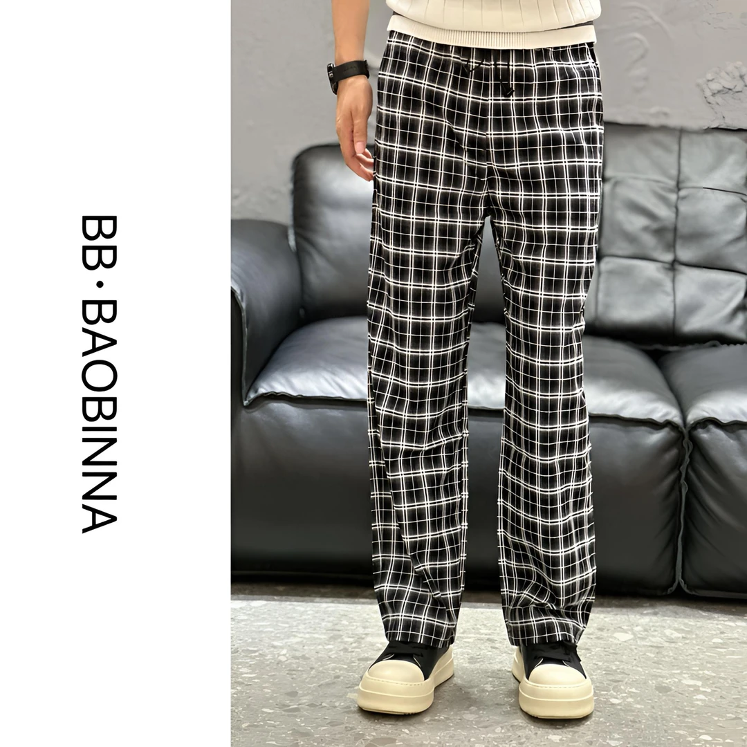 小野· 男装 |品质推荐 " 早秋新款格子男士直筒休闲裤9957