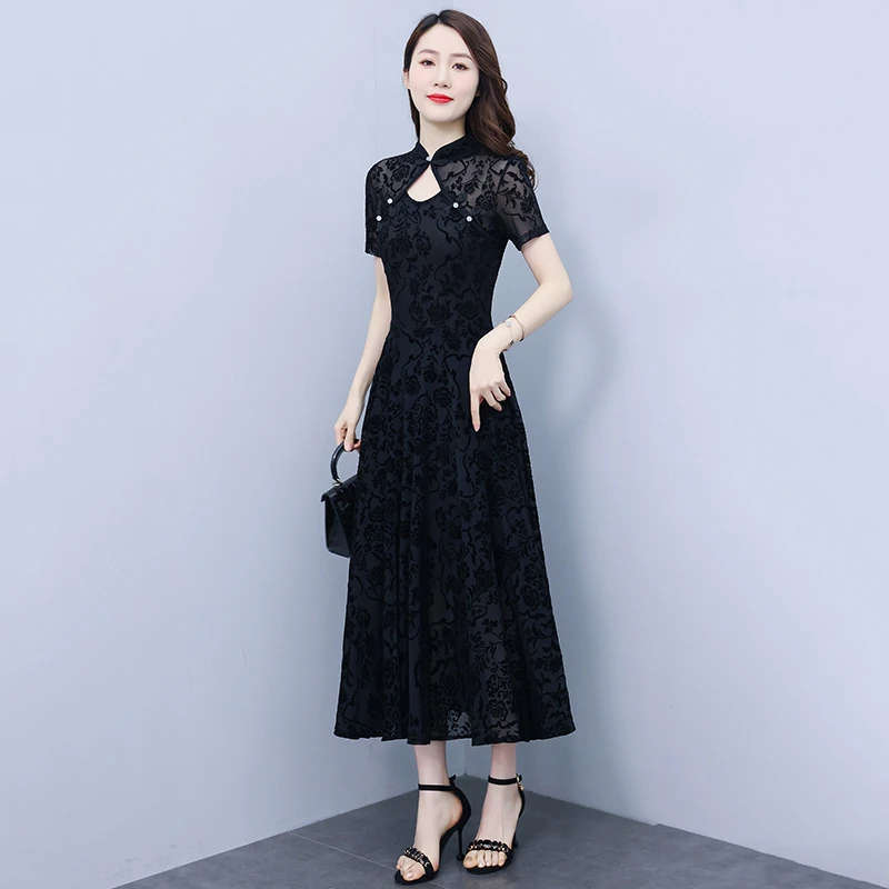 新中式旗袍领雪纺高贵连衣裙气质裙子女2025长款修身显瘦黑色长裙